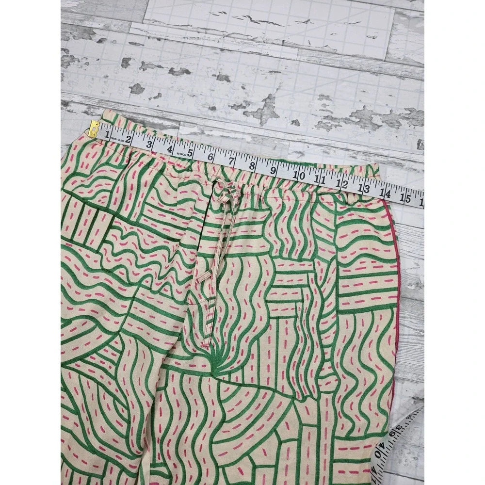 Zara Linen Blend Graffiti Print Pants Abstract Pockets Women Small Green Pink